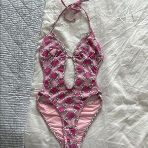 Pink Floral Frankie’s Bikinis Cutout Swimsuit